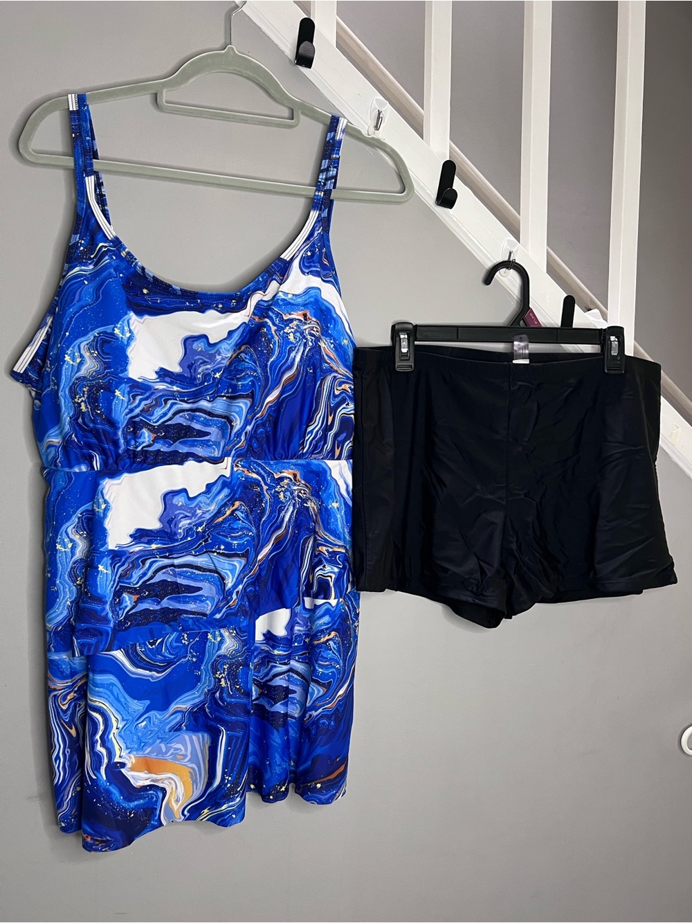 0101: Blue Marble Print Tankini Swim Dress with Black Swim Shorts